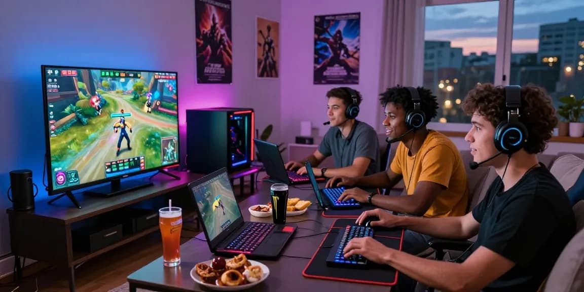 Friends enjoying FAFA828 gaming experience in a lively living room with snacks and consoles.