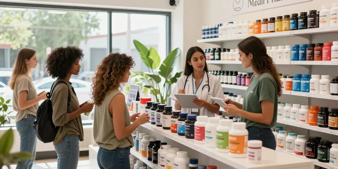 Kunden, die sich im Medi Pharma Shop engagieren und hochwertige Wellnessprodukte mit fachkundiger Beratung erkunden.