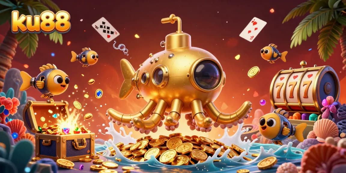Experience jackpot thrills with ku88, featuring a golden kraken submarine amidst vibrant casino action.