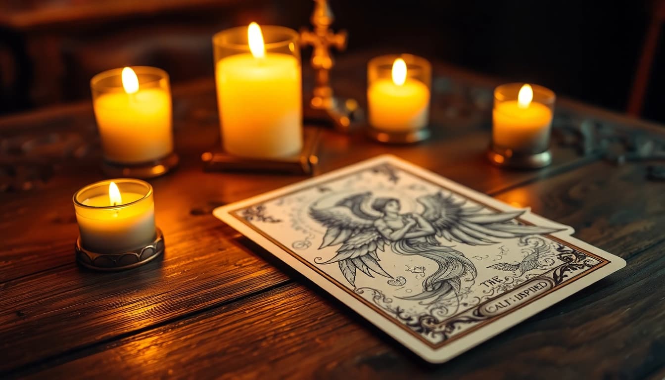 Engel tarot karte kostenlos ziehen auf einem wunderschönen Holztisch mit Kerzen und einer spirituellen Atmosphäre.
