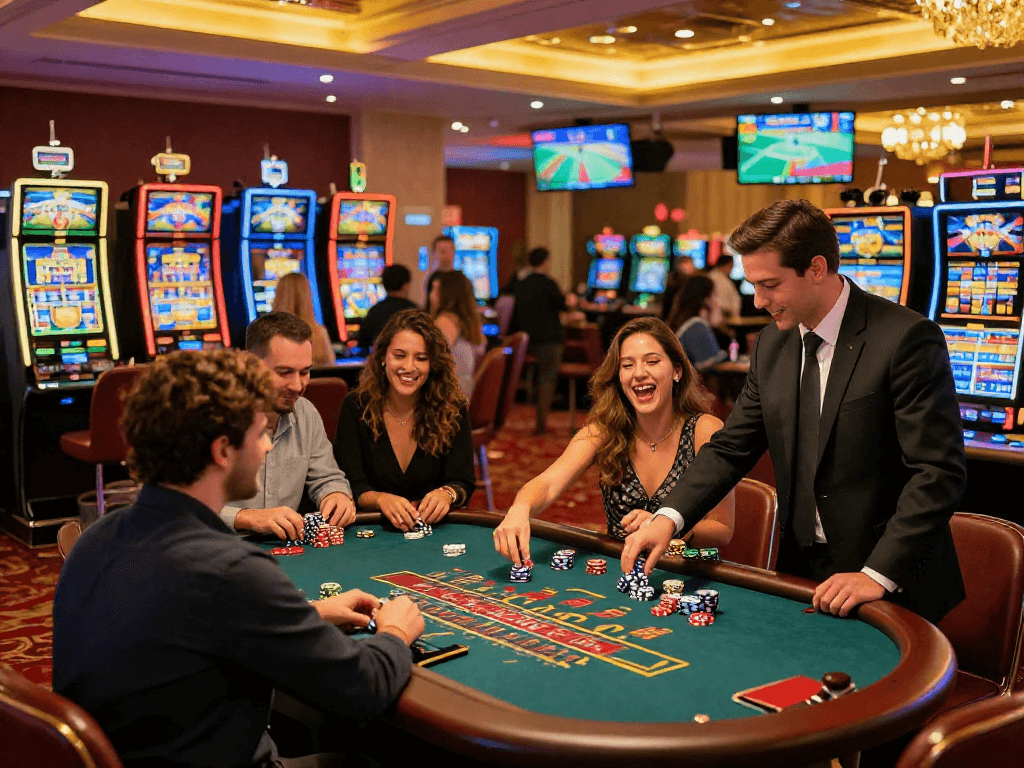 Casino atmosphere at https://vin88-casino.games/ with guests enjoying games and lively activities.