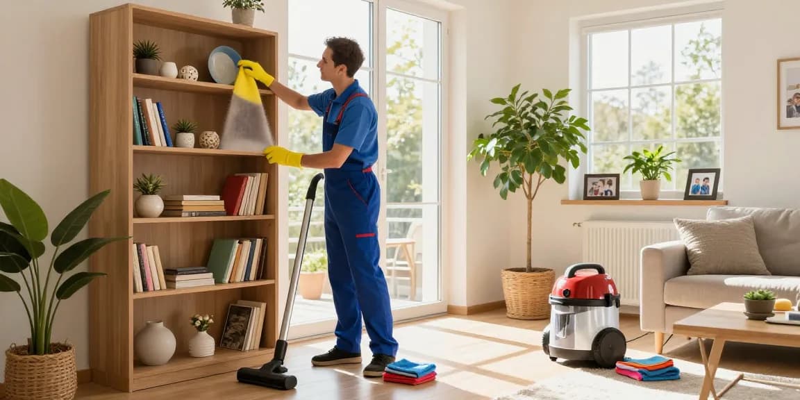 Makelloses Wohnzimmer, das von einem Fachmann gereinigt wird, und die Dienstleistungen der Umzugsreinigung Solothurn präsentiert.