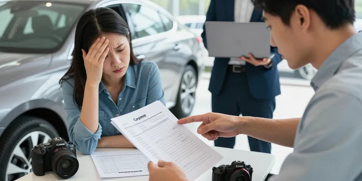 Car check UK: Buyer evaluating a car’s history report during dealership negotiations.