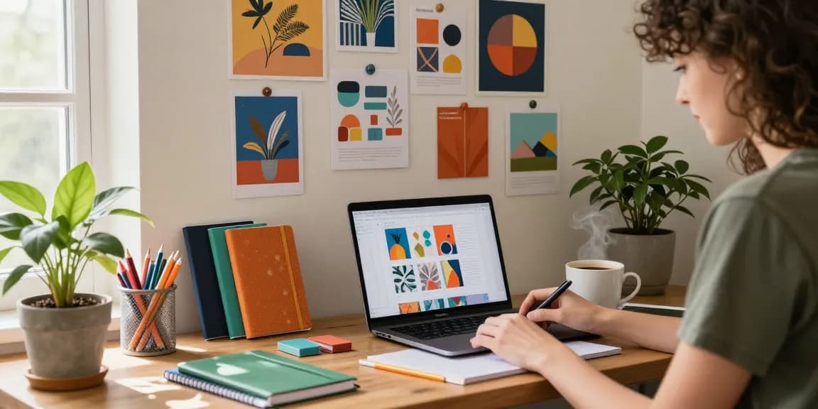 Custom printed notebooks displayed in a creative workspace with designer customizing a notebook.