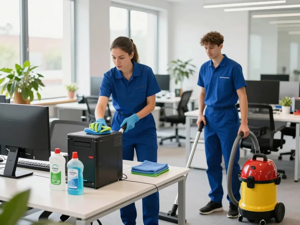 Professioneller Büroreinigungsservice in Münster, der qualifiziertes Personal bei der Arbeit mit umweltfreundlichen Materialien zeigt.