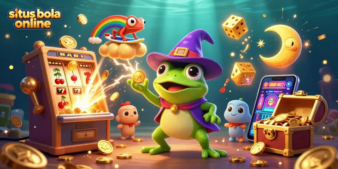 Situs bola online game scene with a wizard frog, chameleon, slot machine, and golden coins