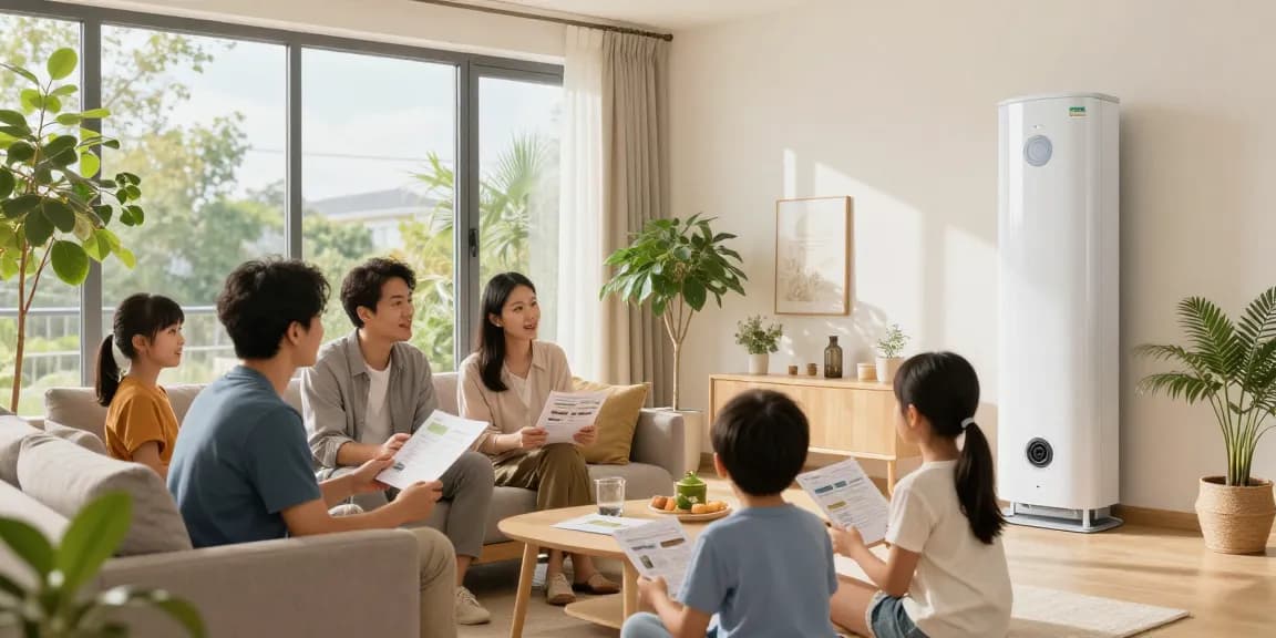 Family discussing wärmepumpe im altbau benefits in a cozy modern living room.