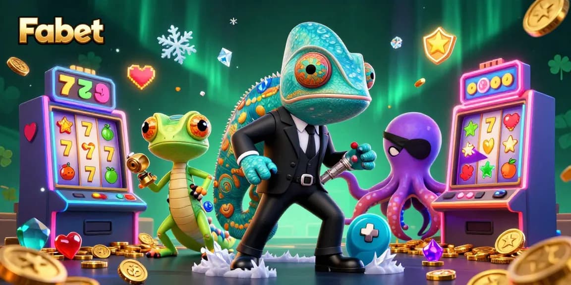 Fabet showcases a lively scene of excitement with an agent chameleon and colorful slot machines.