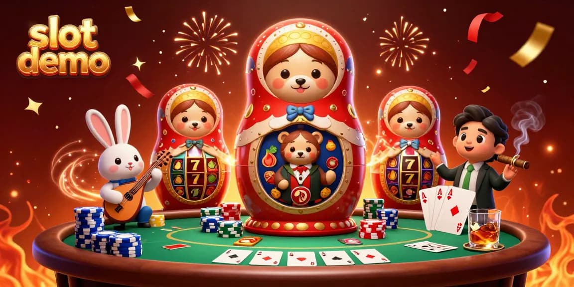 Slot demo menunjukkan aksi seru dengan karakter kasino meriah dan elemen permainan di sekitarnya.