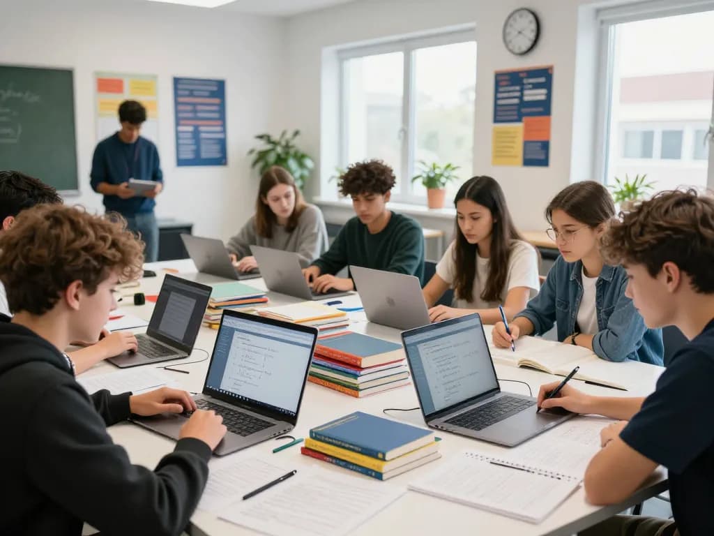 Schüler arbeiten gemeinsam im Unterricht mit Hausaufgaben KI für ihre Hausaufgaben.