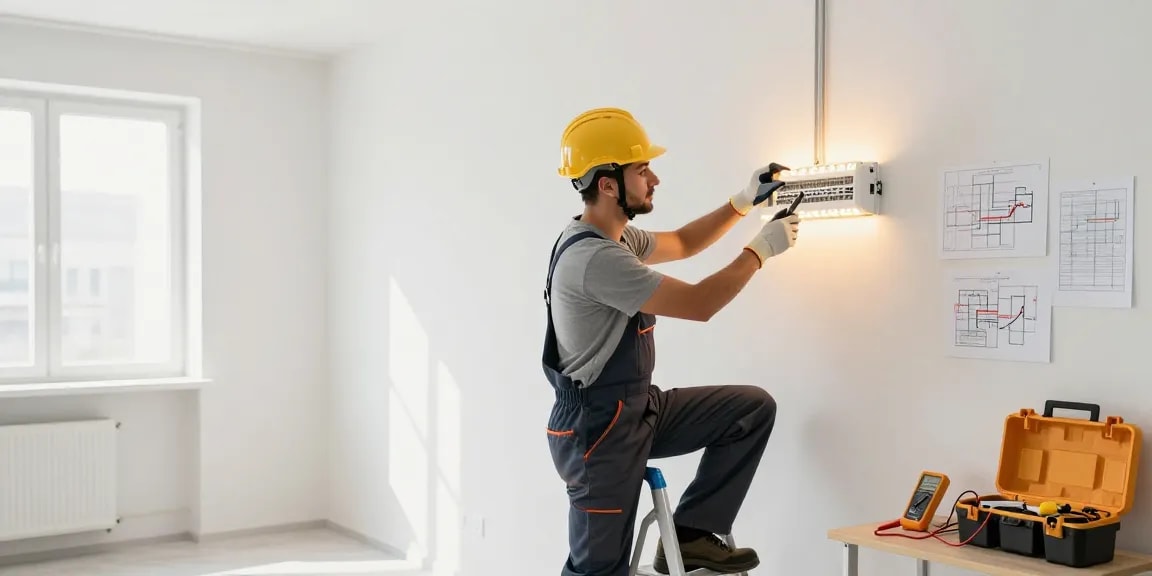Elektriker in Dortmund bei der Installation von Beleuchtung mit professionellem Werkzeug und hellem Raumumfeld.