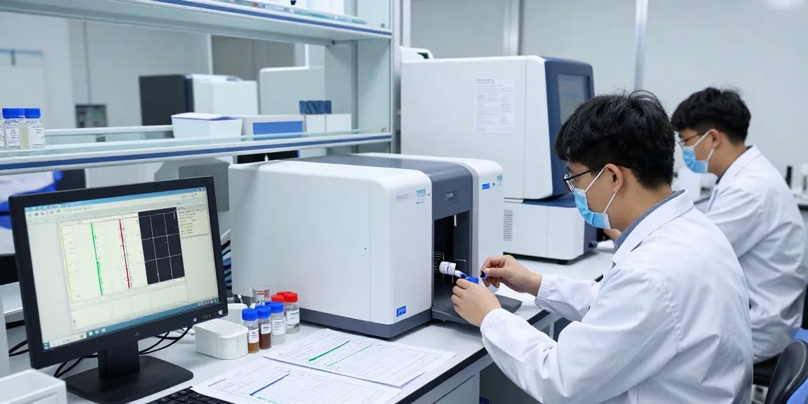 Aegean Labs Peptide testing in an advanced laboratory with scientists analyzing samples using HPLC and mass spectrometry