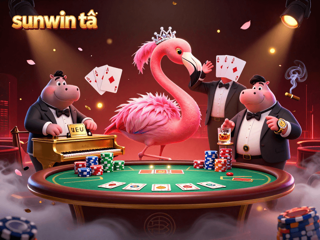 Experience thrilling gameplay with sunwin tải, highlighted by a vibrant casino scene featuring playful characters and dynamic game elements.