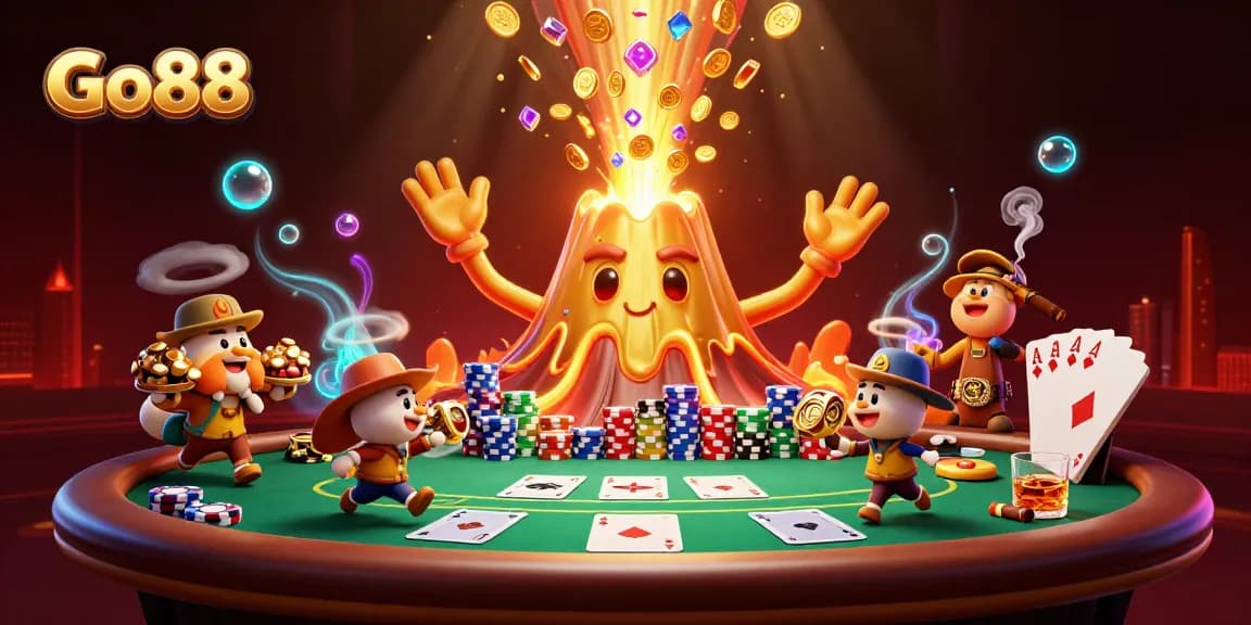 Go88 showcases an exhilarating casino scene with a golden volcano erupting coins and explorer animals amidst poker delights.