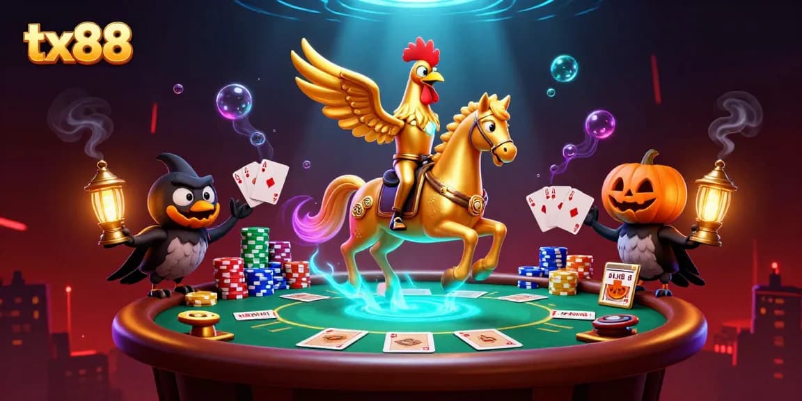tx88 showcases a captivating golden rooster riding through a lavish casino scene full of poker excitement.