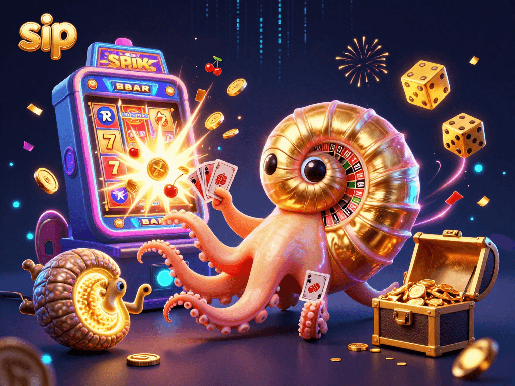 Bet on sip with this vibrant casino scene, featuring a roulette wheel and exciting slot machine.
