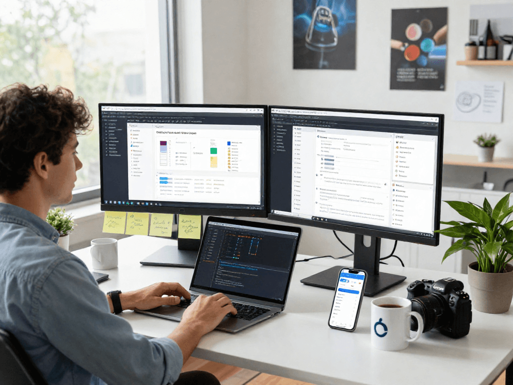 Developing the debet app with user interface design on dual monitors in a modern office