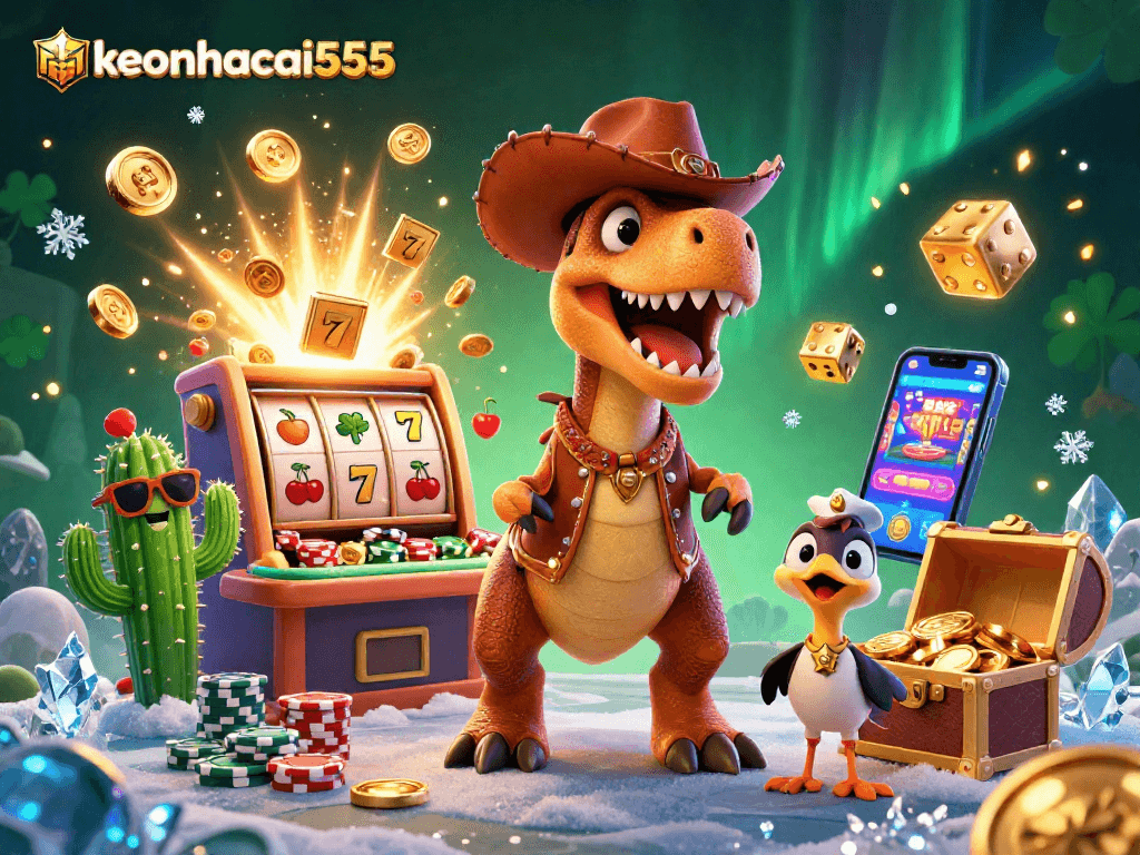 Engage with keonhacai555's vibrant 3D casino scene featuring a cowboy dinosaur, cactus, and roadrunner.