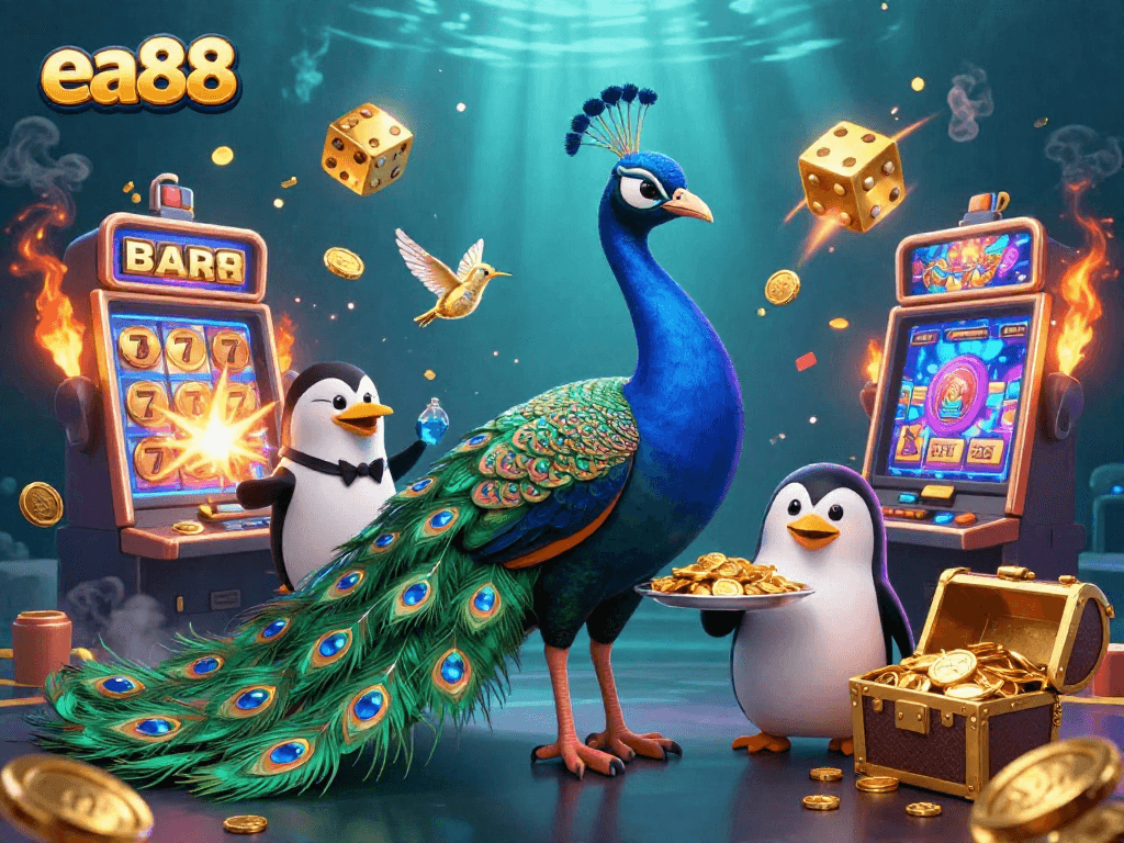 Win big at ea88 with colorful characters and vibrant casino game elements in a dynamic scene.