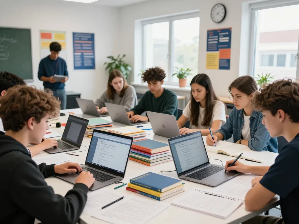 Schüler arbeiten gemeinsam im Unterricht mit Hausaufgaben KI für ihre Hausaufgaben.