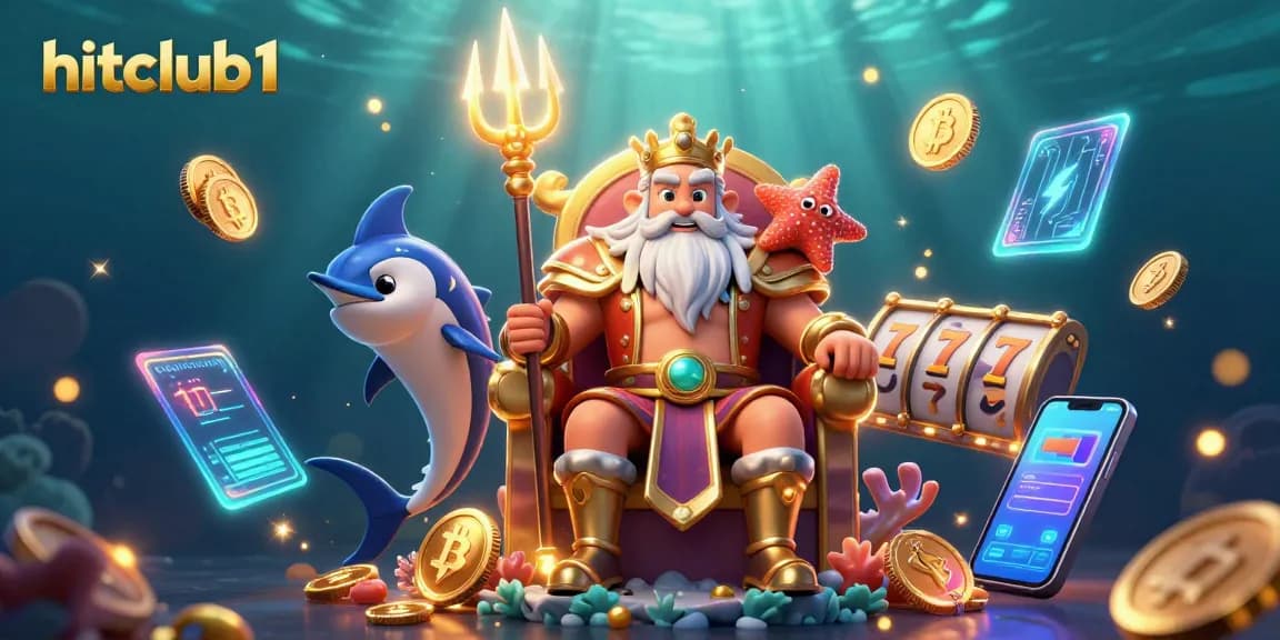 Engage with hitclub1's vibrant scene featuring sea king Neptune, slot reels, neon crypto coins, and lively underwater elements.