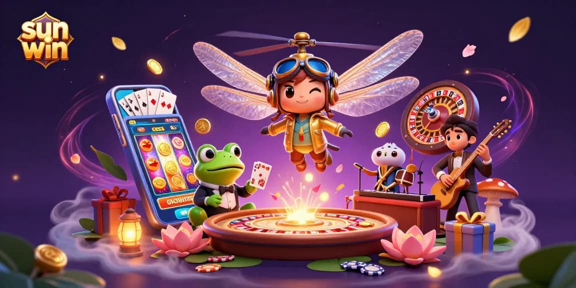 Engage with sun win at this vibrant casino scene with a dragonfly pilot, frog dealer, and jazz musicians.