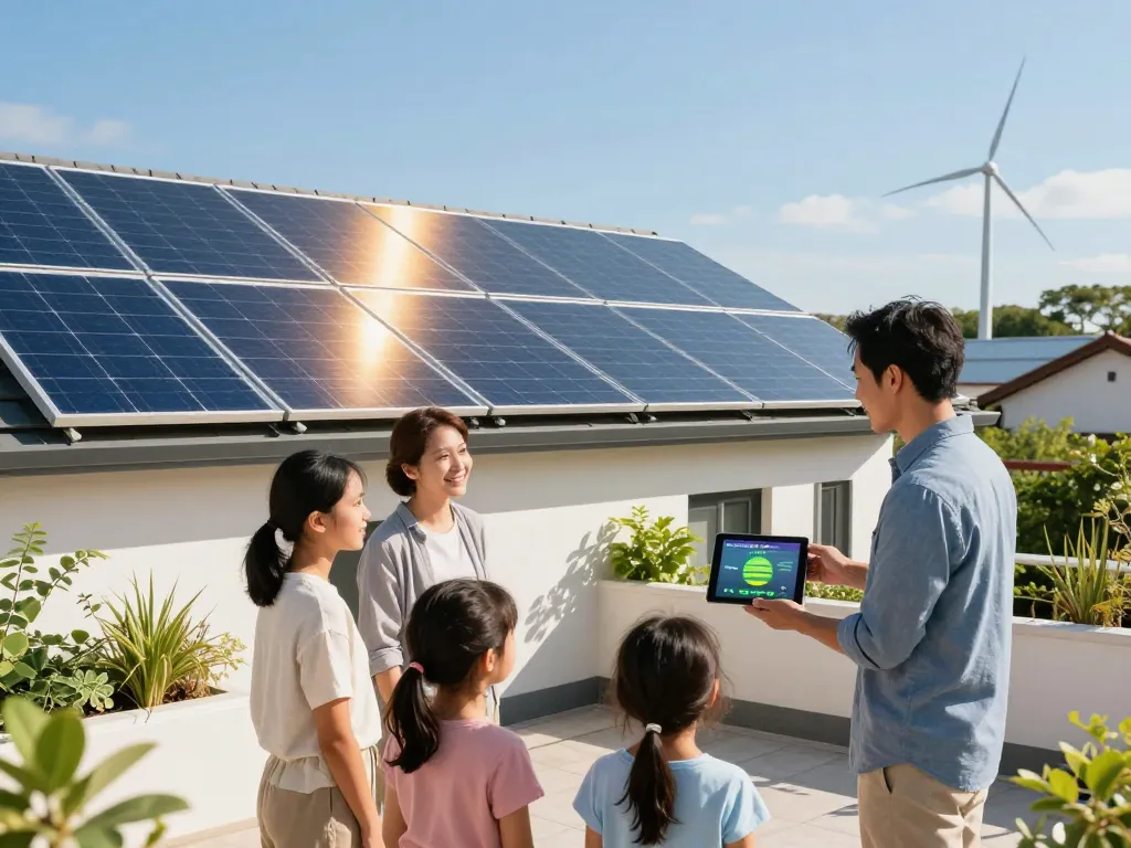 Installation von Photovoltaik Bayern Solarmodulen mit einer Familie, die über Energieeinsparungen diskutiert.