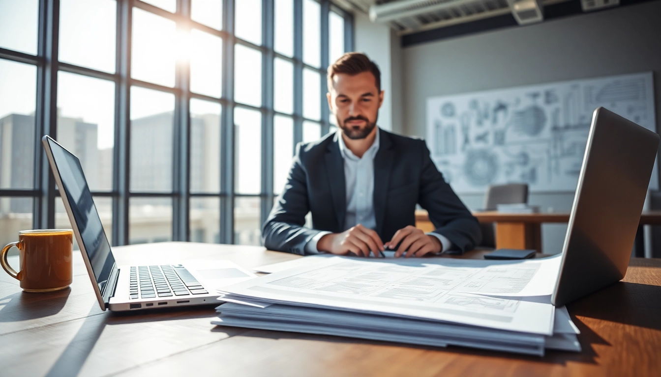 Headhunter Ingenieure bei der Arbeit in einem modernen Büro mit Laptop und Unterlagen.