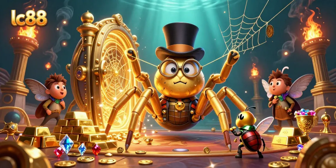 Exciting lc88 casino scene featuring a golden tarantula and beetle knight amidst treasures and winning elements.