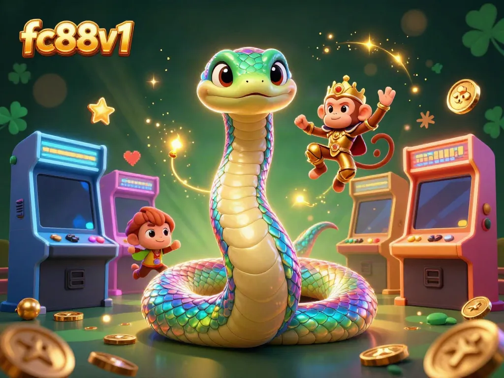 Engage in vibrant gameplay with fc88v1's iridescent serpent and monkey king in a dynamic casino setting.