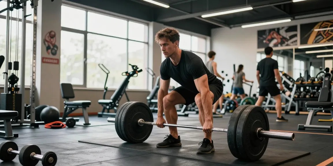 Starker Mann im Anabolika Shop Fitnessstudio beim Kreuzheben, umgeben von Trainingsgeräten und motivierender Atmosphäre.