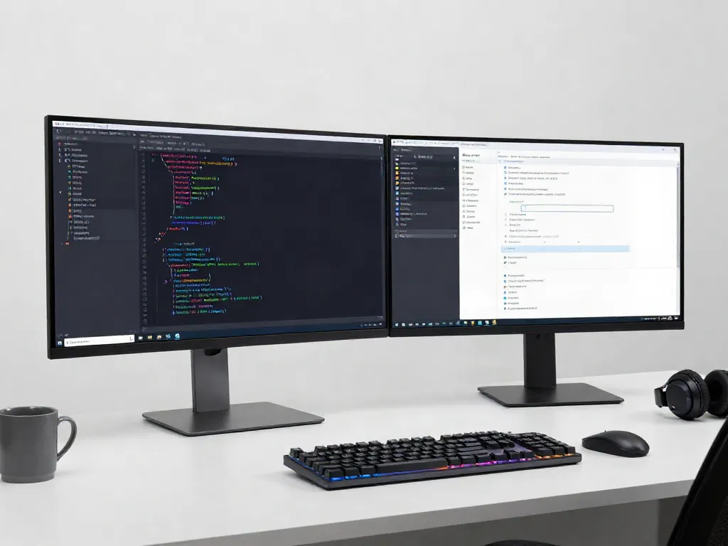 Visualize secure code review in a developer workspace with modern tech tools.