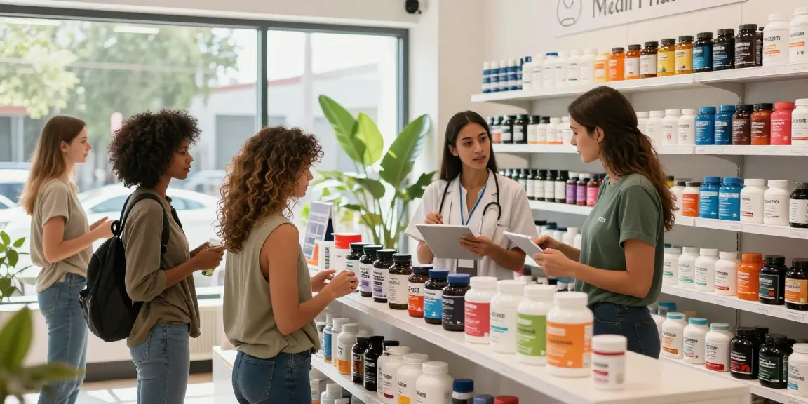 Kunden, die sich im Medi Pharma Shop engagieren und hochwertige Wellnessprodukte mit fachkundiger Beratung erkunden.