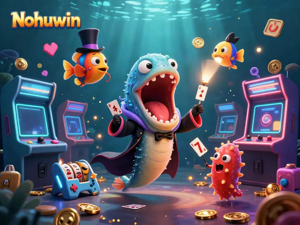Experience thrilling gameplay at Nohuwin with 3D casino-themed characters and vibrant game elements.