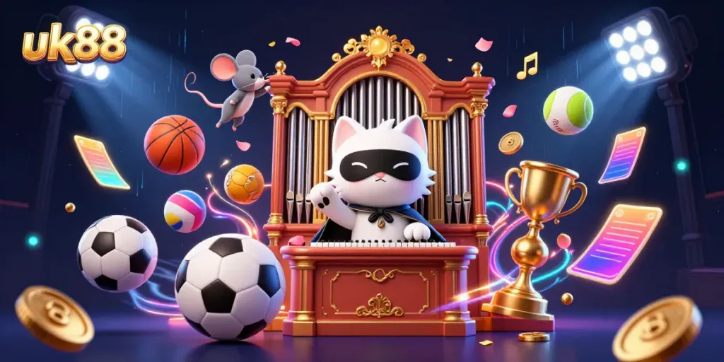 Experience thrills at uk88 with vibrant games and exciting sports elements in this animated casino scene.