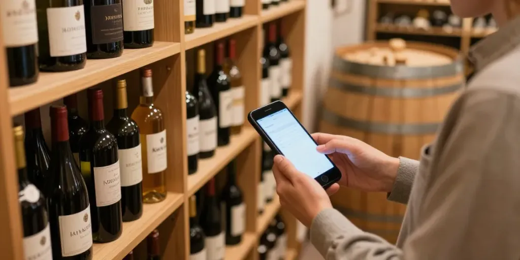 Weinkeller verwalten: Ein Weinliebhaber organisiert seine Weinsammlung mit einer Smartphone-App in einem gemütlichen Weinkeller.