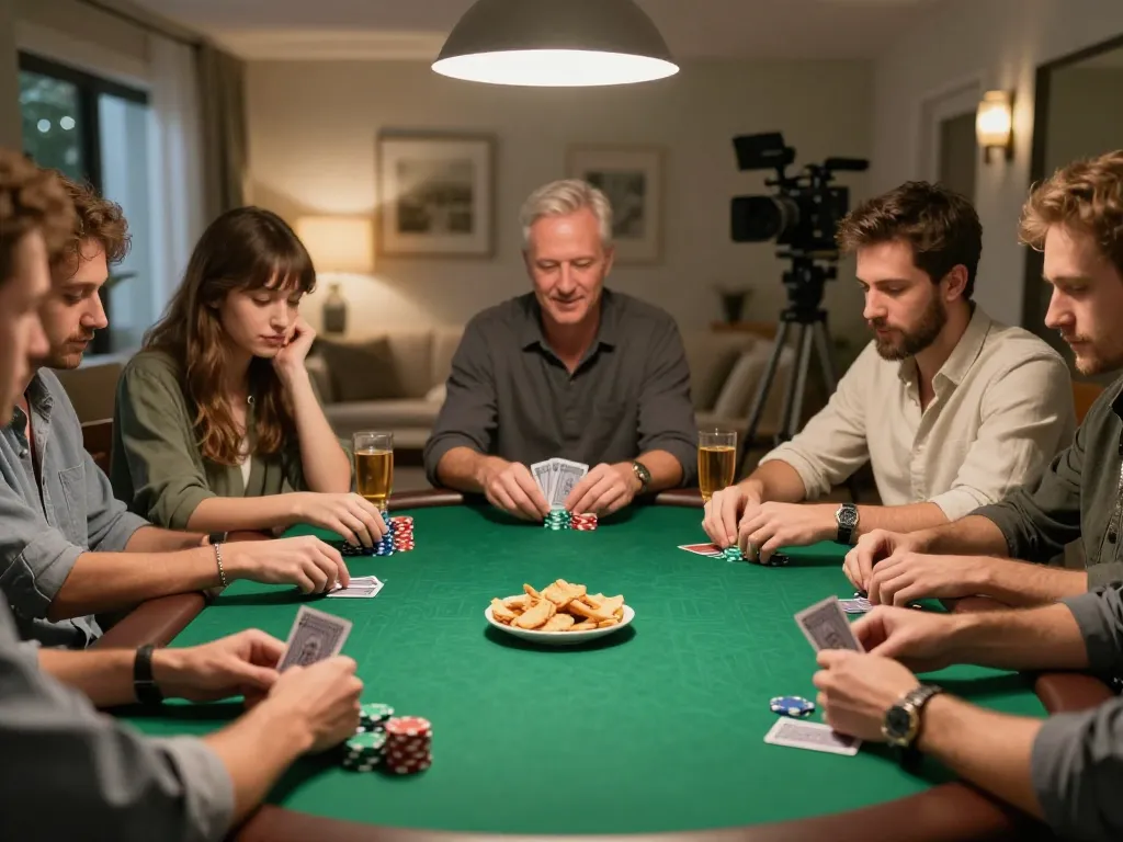 Players enjoying a poker night at home, strategizing bets with go8.onl as their gaming platform.