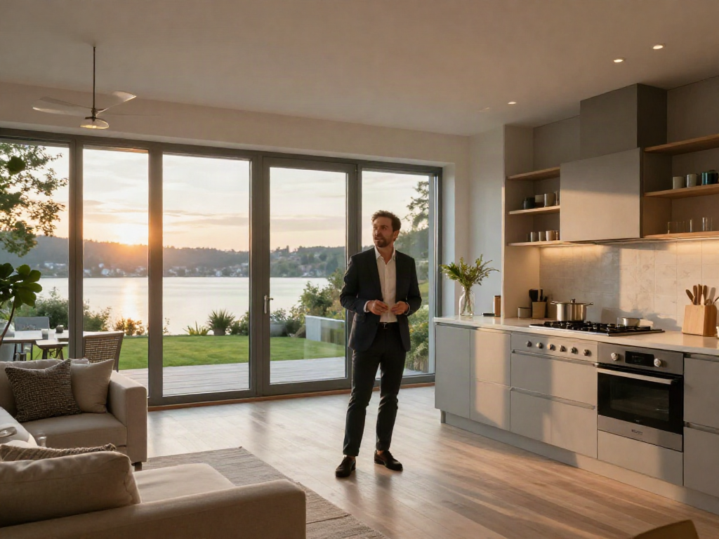 Makler Starnberg präsentiert luxuriöse Immobilie während einer Besichtigung mit potenziellem Käufer.