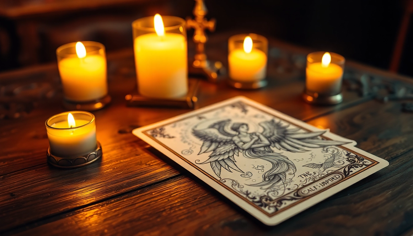 Engel tarot karte kostenlos ziehen auf einem wunderschönen Holztisch mit Kerzen und einer spirituellen Atmosphäre.