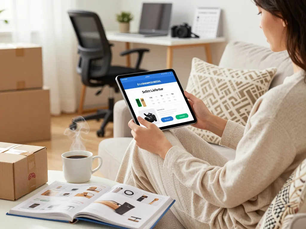 Sofort Lieferbar Einkaufsszene mit einem Modell, das in einem gemütlichen Zuhause Produkte auf einem Tablet durchsucht