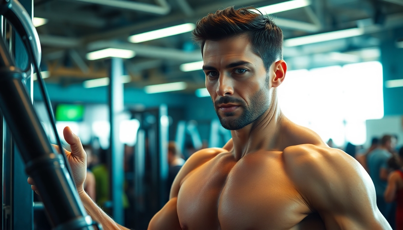 Clenbuterol kaufen: Fitness-Trainer demonstriert Übungen in einem modernen Fitnessstudio.