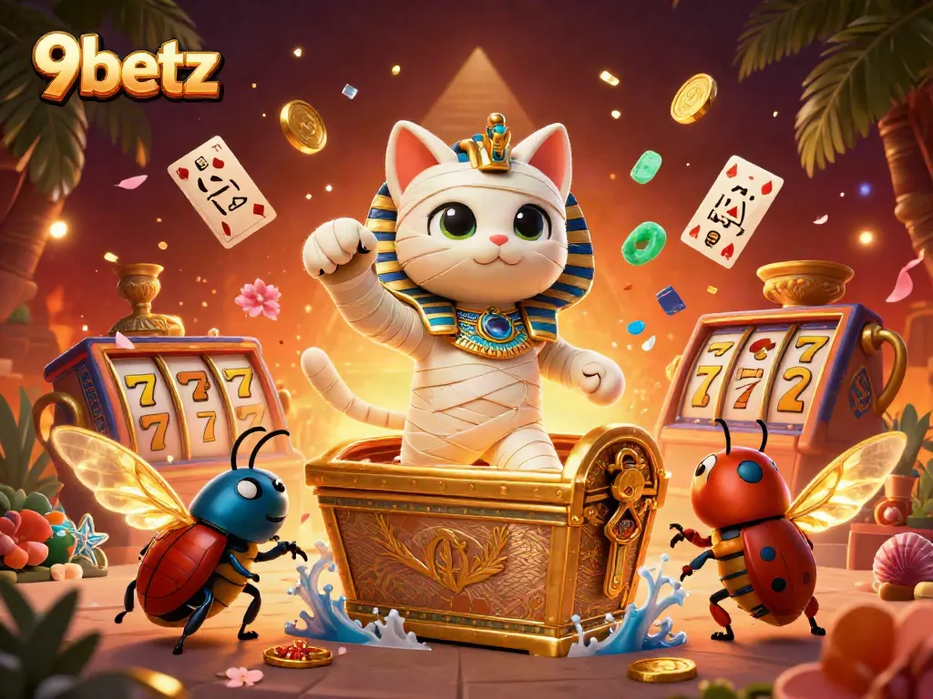 Play slots and win big with 9betz in this vibrant pyramid casino scene.