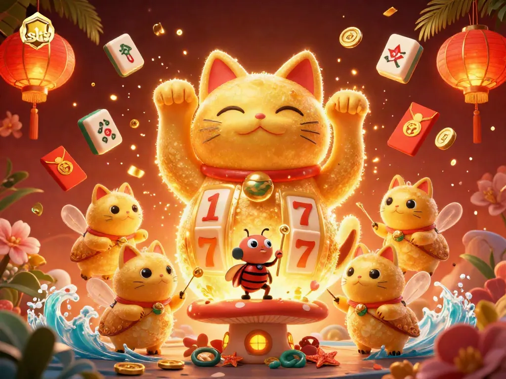 Engage with the excitement of slot gaming through an enchanting 3D illustration of a lucky cat surrounded by vibrant casino symbols.