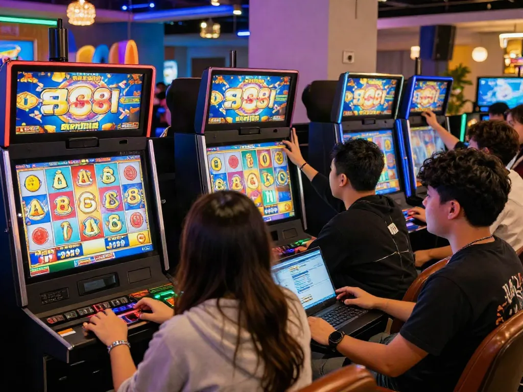 Excited players enjoying situs gacor online slot games on various devices amidst vibrant gaming atmosphere.