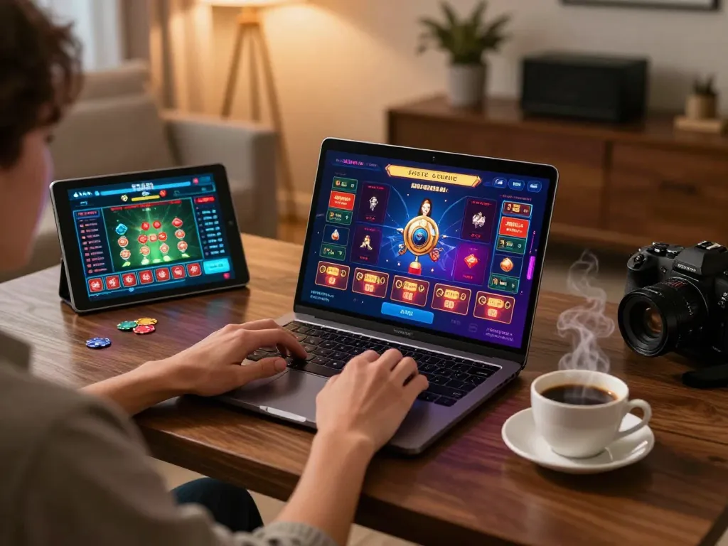 Person enjoying an immersive online gaming experience with TX88 on laptop.