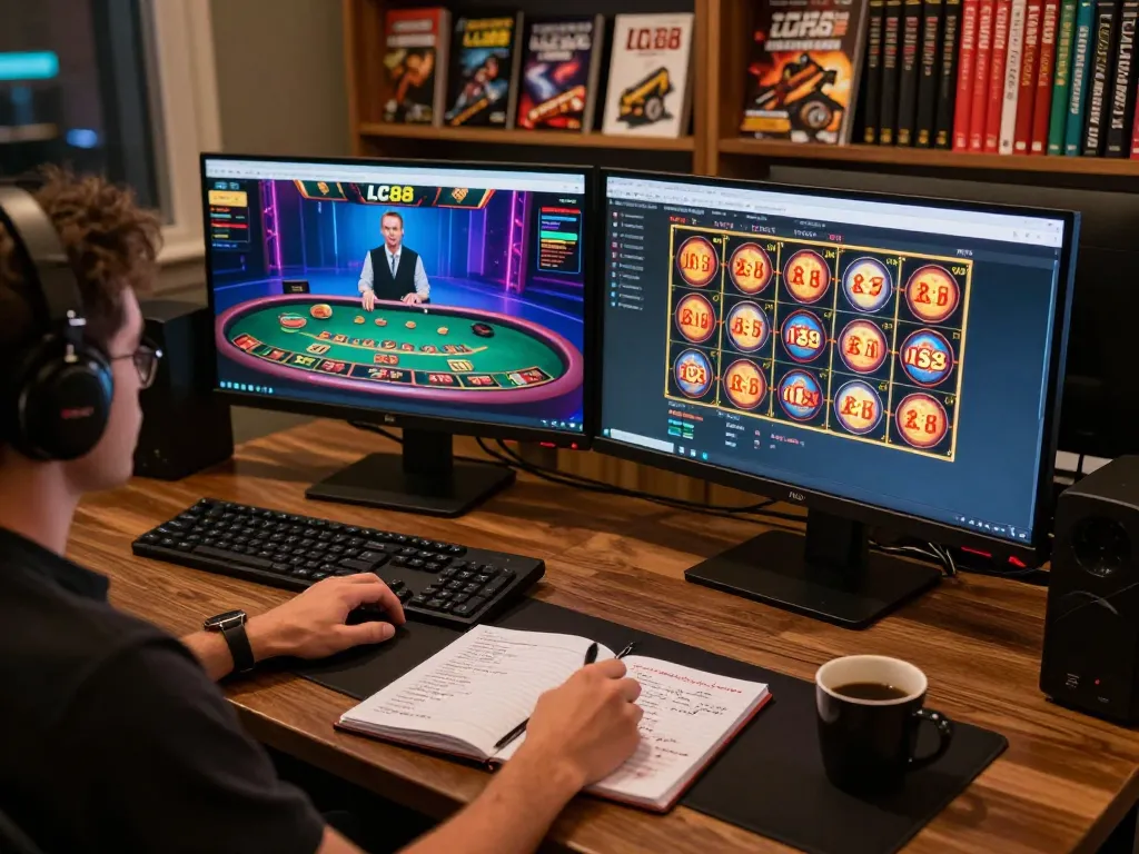 Engaging online gaming setup with LC88.it.com displayed on screens, reflecting strategic betting and gaming.