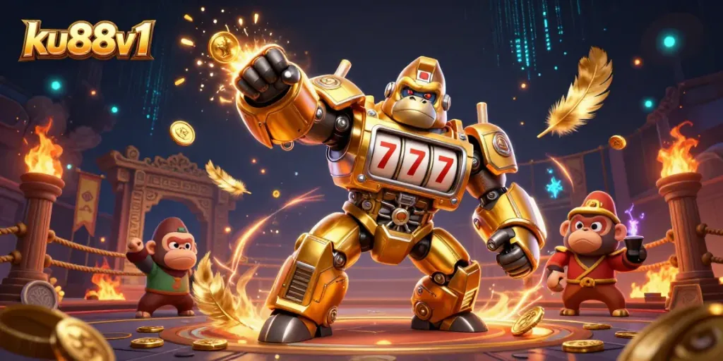 Experience the thrill of ku88v1 with a playful and dynamic casino-themed 3D illustration.