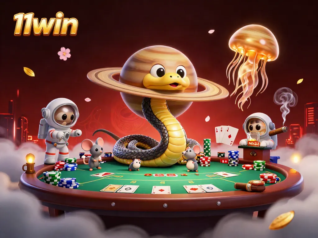 Place bets confidently with 11win in this vibrant casino scene featuring cosmic elements.