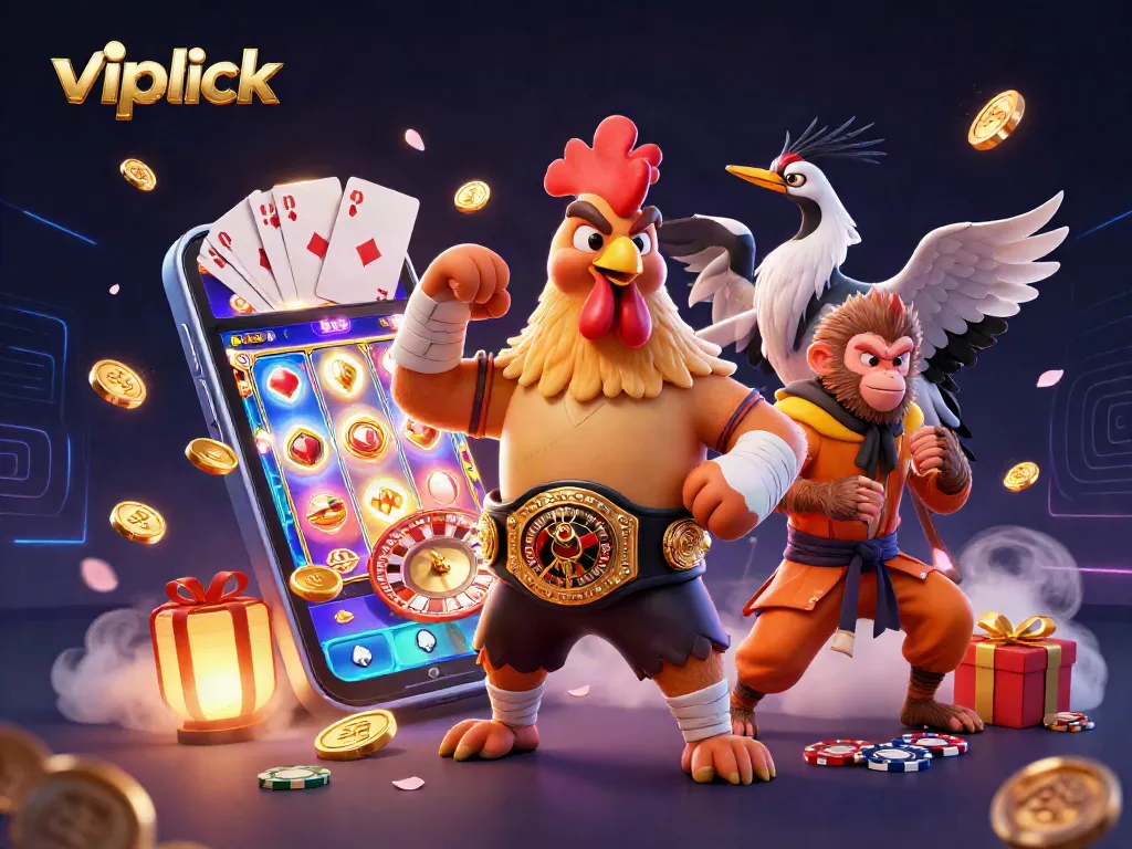 Engaging gameplay at vipluck as a Muay Thai rooster and Shaolin monkey delight in vibrant casino elements.