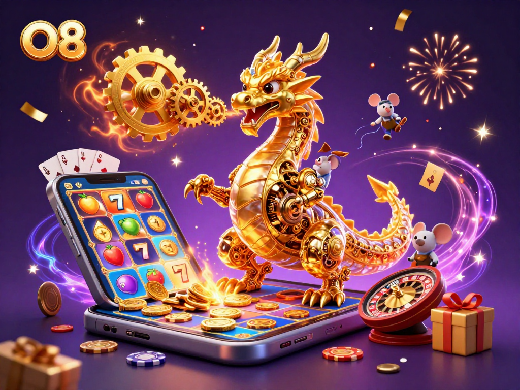 Experience O8's thrilling world of gaming with a vibrant dragon, engineer, and iconic slot symbols.